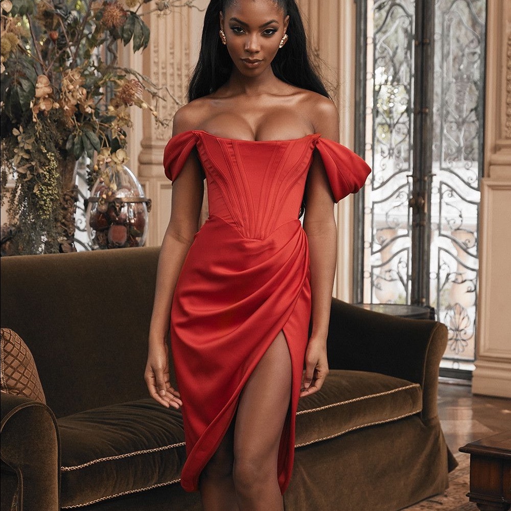 House of CB Red Off-Shoulder Satin Midi Dress - Picture 2 of 7